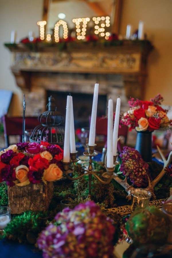 purple navy blue forest wedding centerpiece