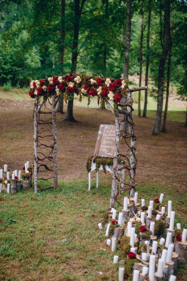 purple navy blue jewel tone forest fall wedding arch