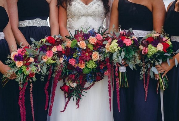 purple navy blue jewel tone forest wedding bouquets