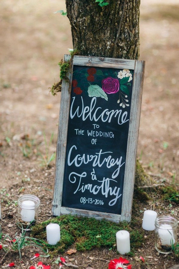 purple navy blue jewel tone forest wedding sign