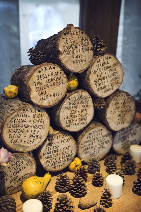 rustic wood stump wedding seating chart