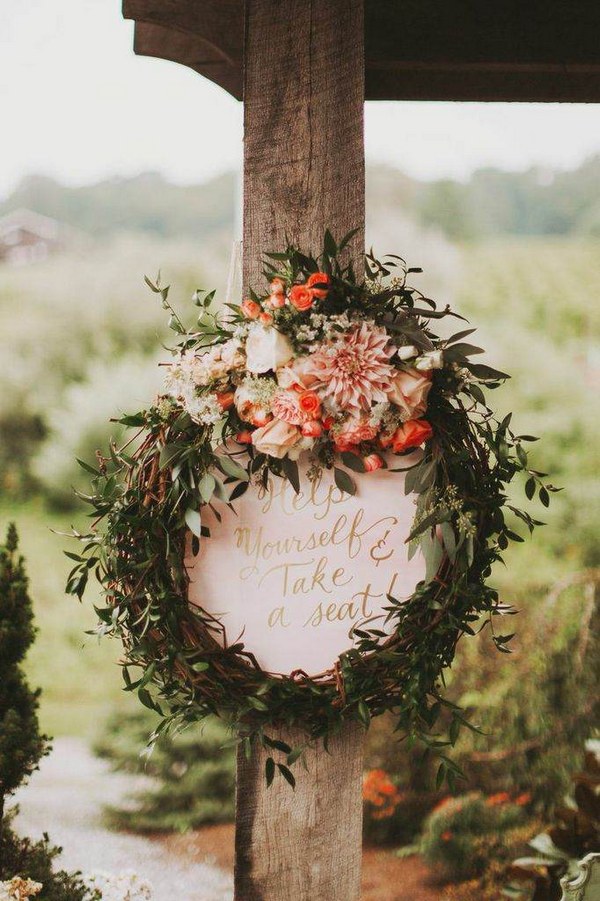 vintage coral and greenery wedding wreath