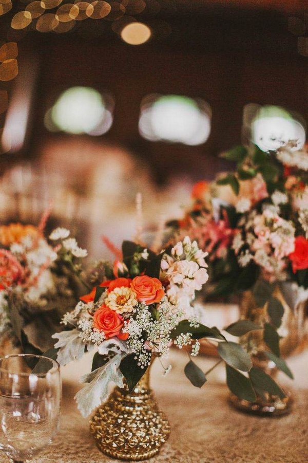 vintage gold and coral wedding centerpiece