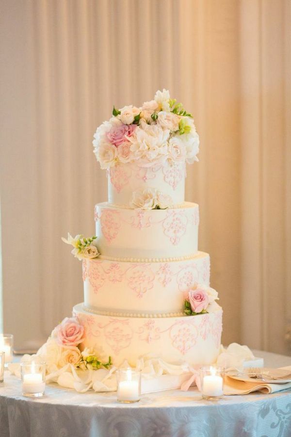 vintage ivory and pink wedding cake
