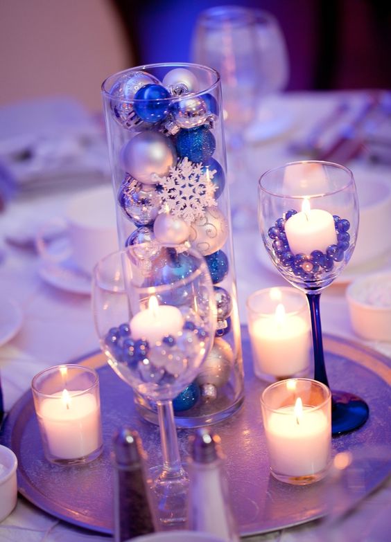 winter weddings in purple and blue wedding centerpiece