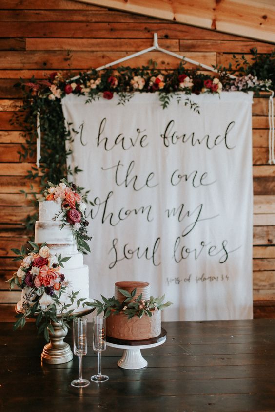 Bible verse enscripted wedding reception tapestry