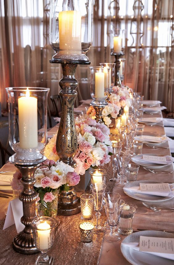 Elegant reception tables were decorated with dusty rose linens