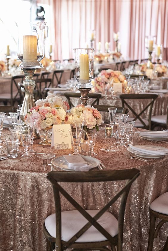 Rustic Centerpiece on Dusty Rose Sequined Linen