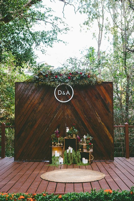 Rustic boho outdoor wedding ceremony backdrop