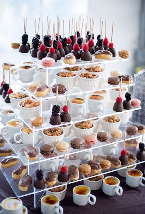 stacked holiday dessert stand with chocolate truffles, French macarons, and crème brûlée