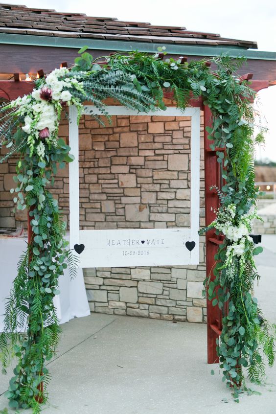 wooden polaroid frame greenery wedding booth