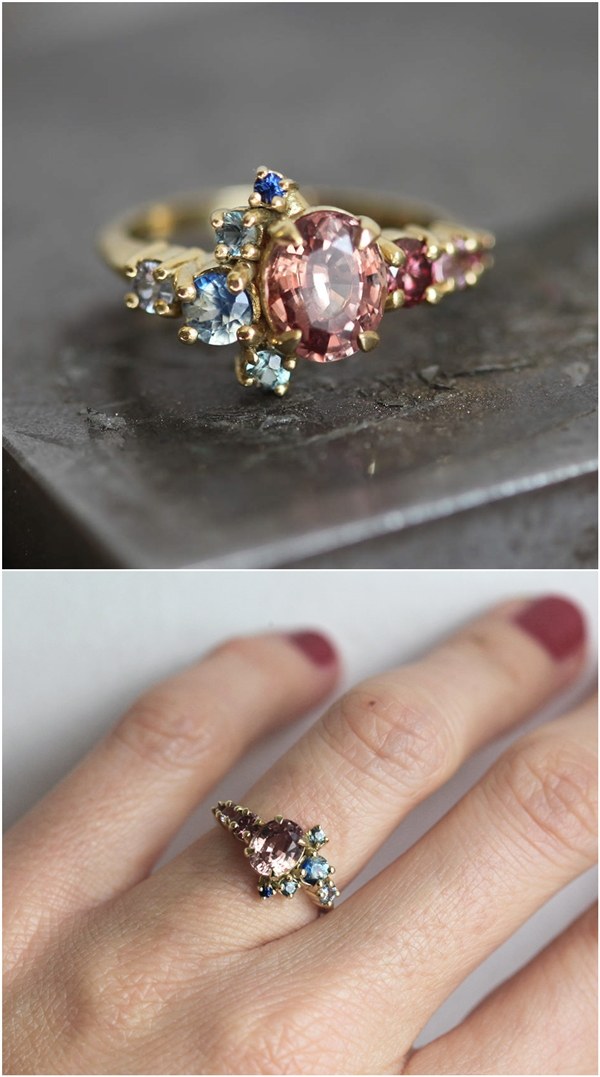 Peach Pink Cluster Ring with Blue Sapphires