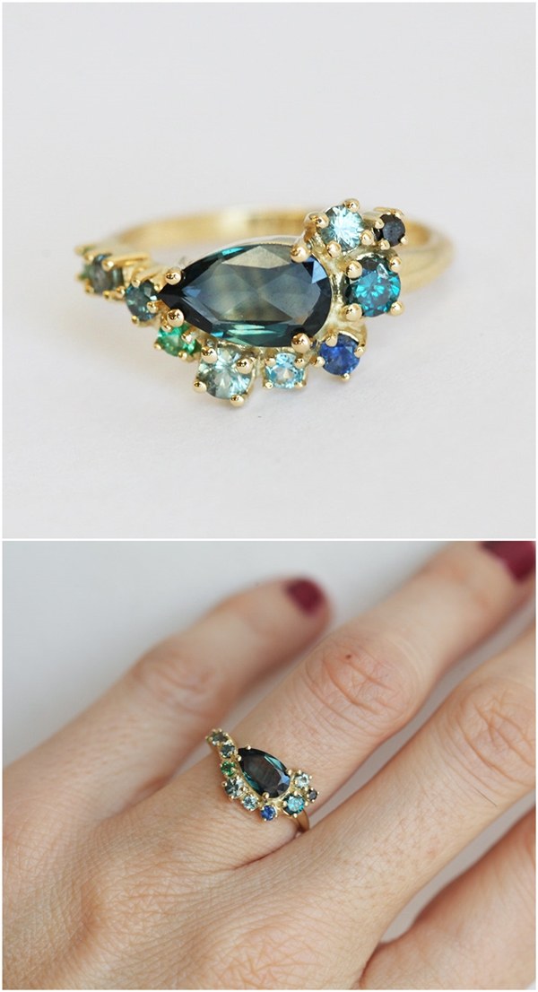 Pear Green Blue Sapphire Engagement Ring