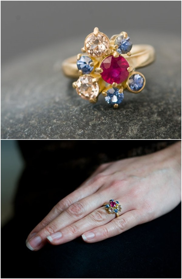 Ruby Gold Ring with Sapphires and Morganites