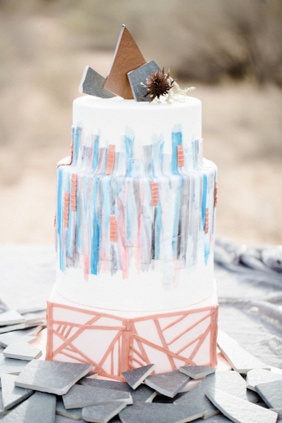 copper and dusty blue wedding cake