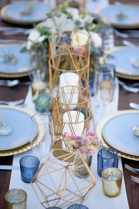 dusty blue and copper geometric wedding centerpiece