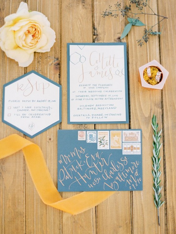 dusty blue and copper wedding invitations via Love by Serena