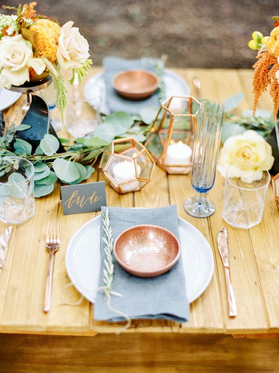 dusty blue and copper wedding place setting via Love by Serena