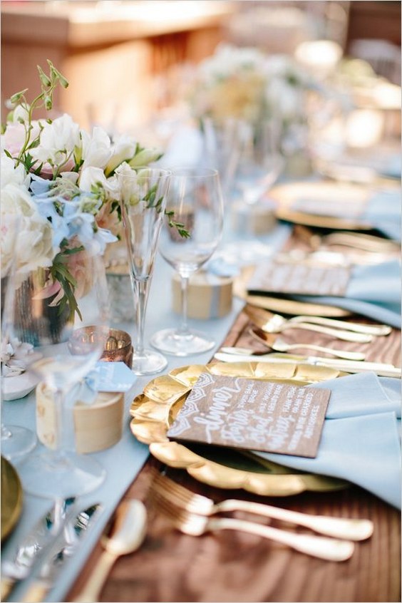 dusty blue and copper wedding table decor