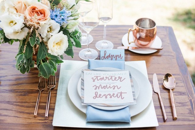 dusty blue and copper wedding table idea