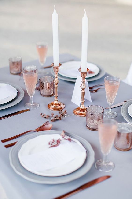 dusty blue and copper wedding table