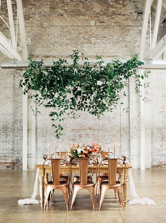 greenery and copper wedding reception decor