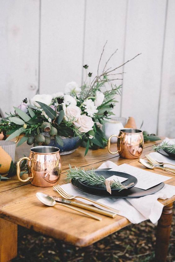 greenery and copper winter wedding decor