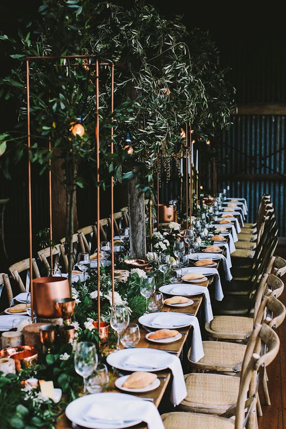 industrial garden greenery and copper wedding reception
