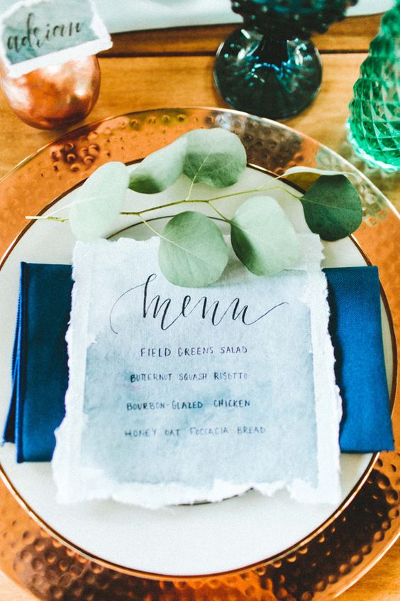 modern copper and dusty blue wedding place setting via Giving Tree Photography