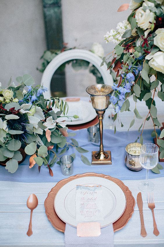 romantic blue and copper wedding table decor