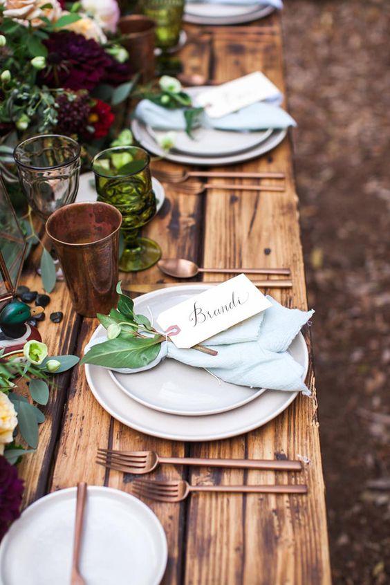 rustic greenery and copper wedding table via Michelle Chiu Photography
