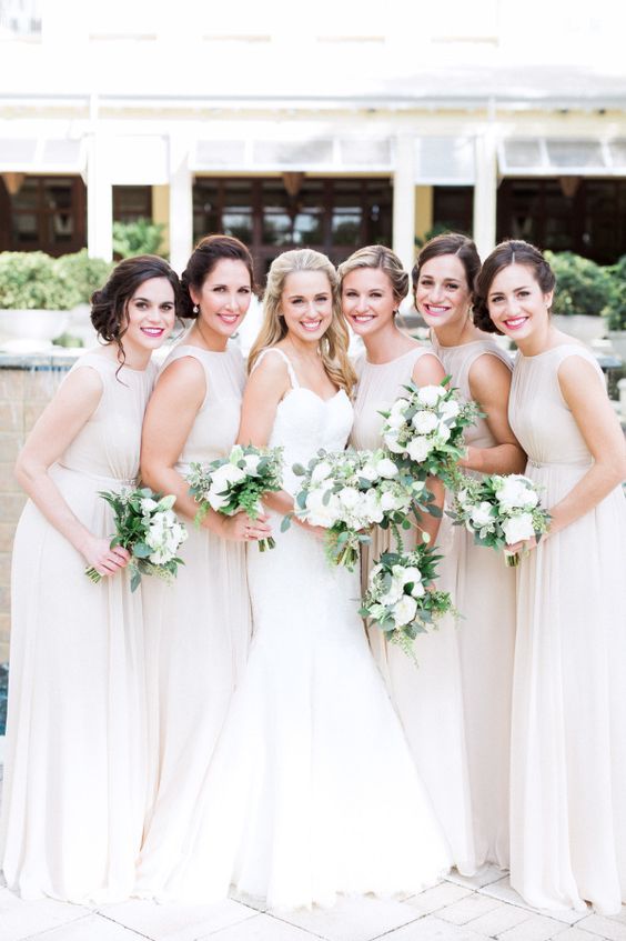 Beachy off-white bridesmaid gowns