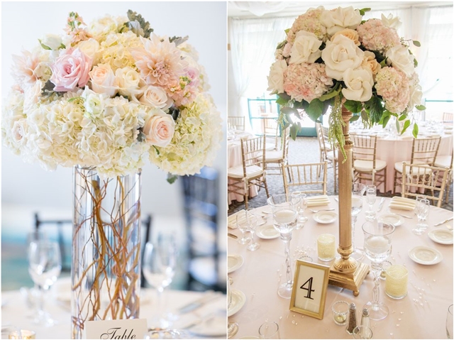 Blush and white tall wedding centerpieces