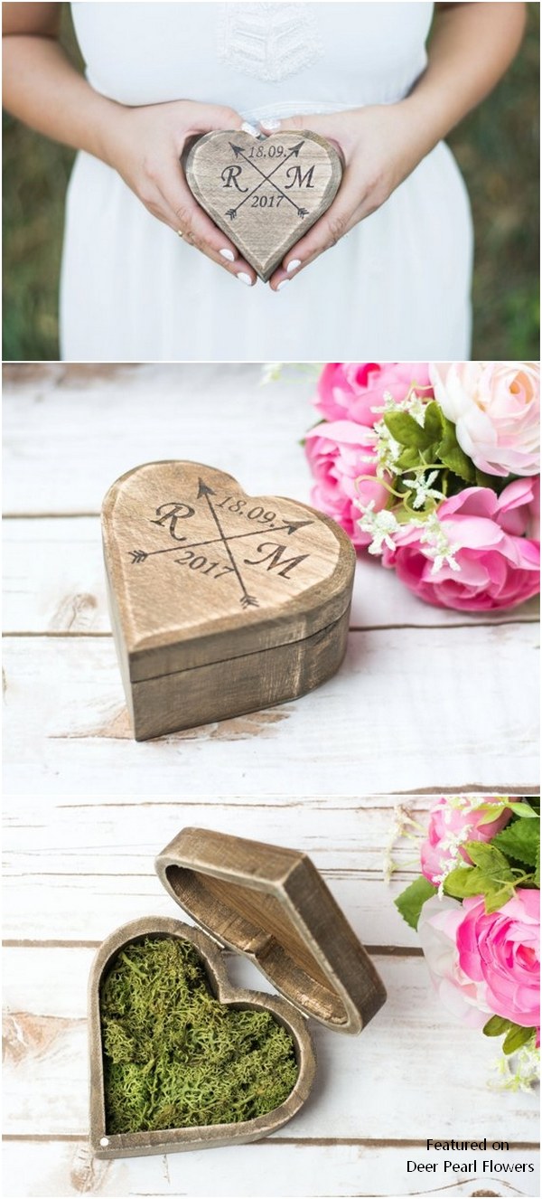 Country Wooden Moss Heart Ring Box Holder