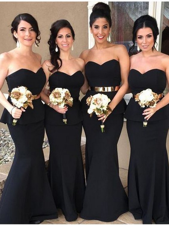 Strapless Black Mermaid Long Bridesmaid Dress with Gold Sash