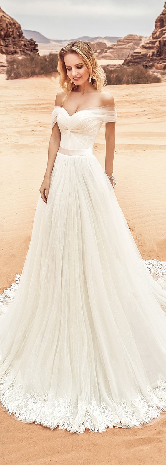 Tulle Off-the-shoulder Neckline A-line Wedding Dress With Lace Appliques