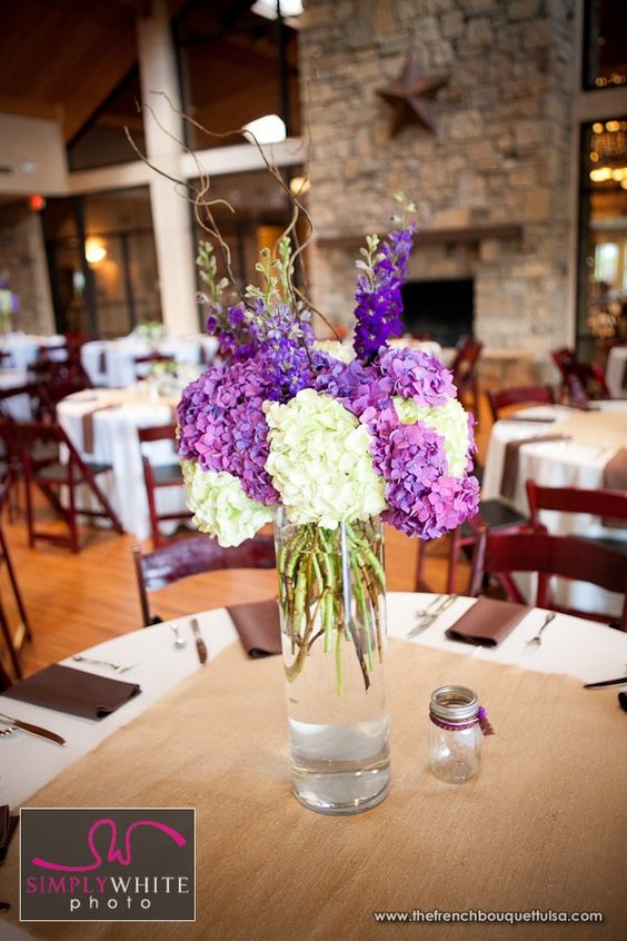 White and Purple Hydrangea for Tall Centerpiece