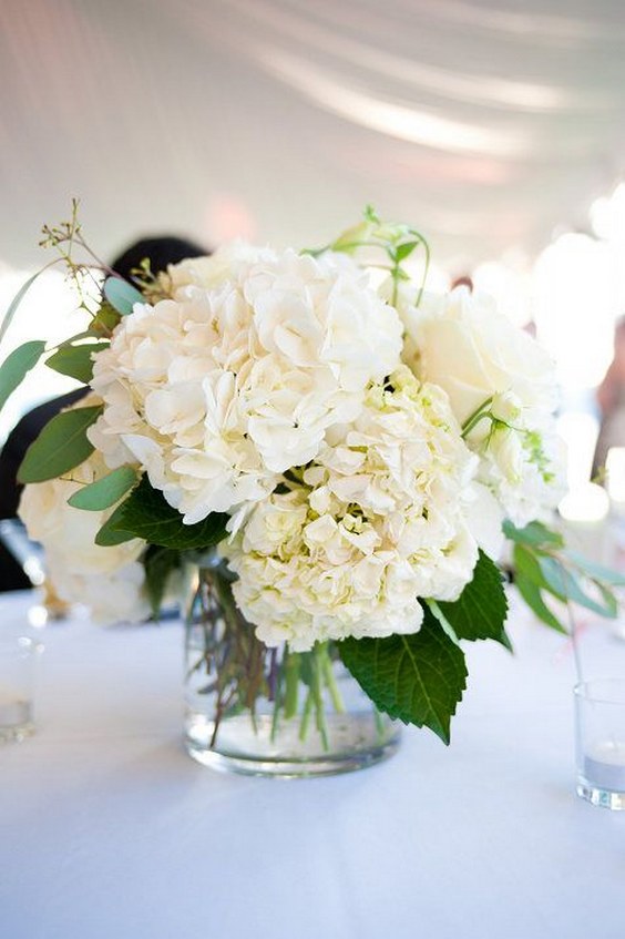 cylinder vase with white hydrangeas, ivory spray roses