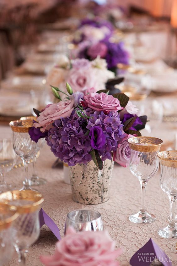 dusty roses and purple hydrangeas wedding centerpiece idea