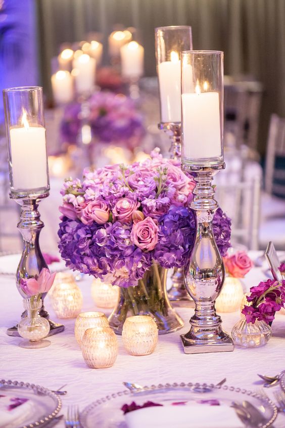dusty roses and purple hydrangeas wedding centerpiece