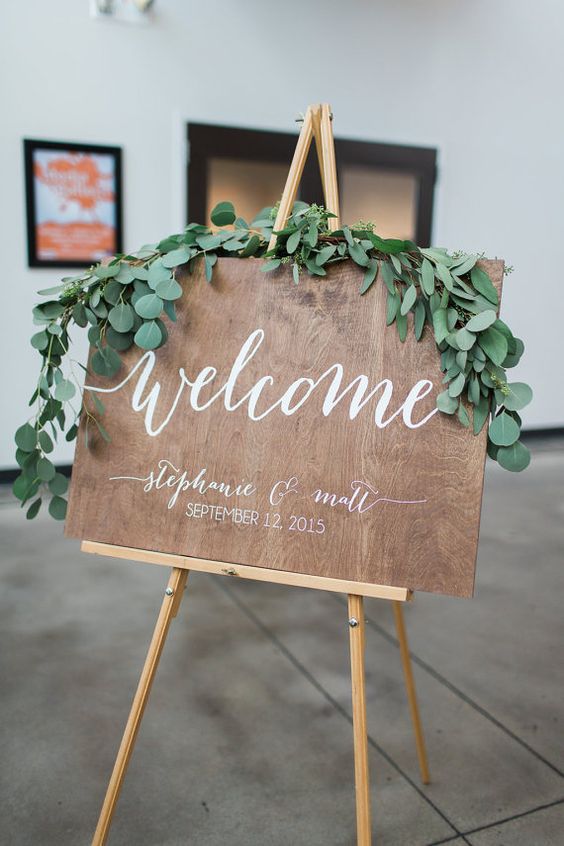 greenery eucalyptus wooden welcome wedding sign