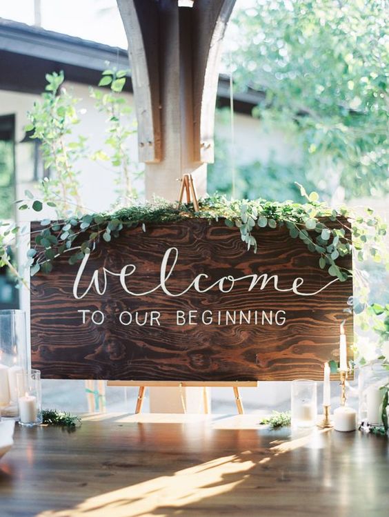 greenery wood wedding welcome sign