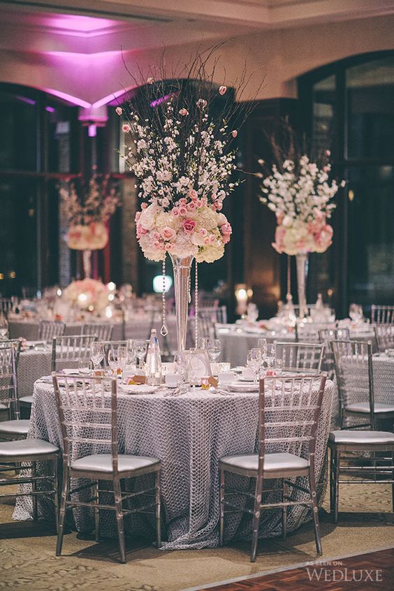 ivory and pink tall wedding centerpiece