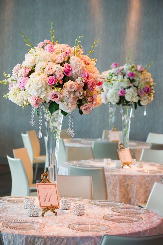 pink roses and white hydrangea tall wedding centerpiece