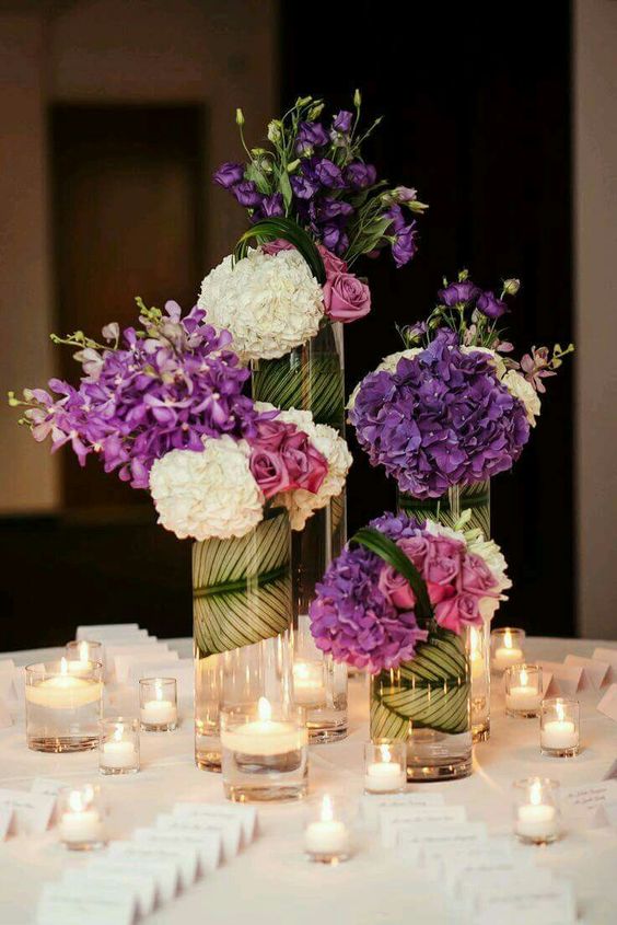 purple and white hydrangea wedding place card seating