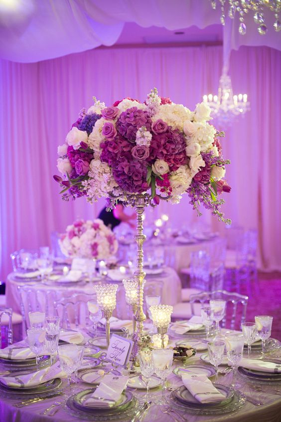 purple hydrangea tall wedding centerpiece idea