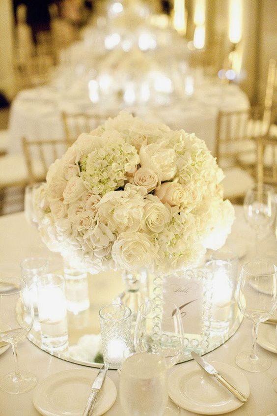 white hydrangeas and roses wedding centerpiece
