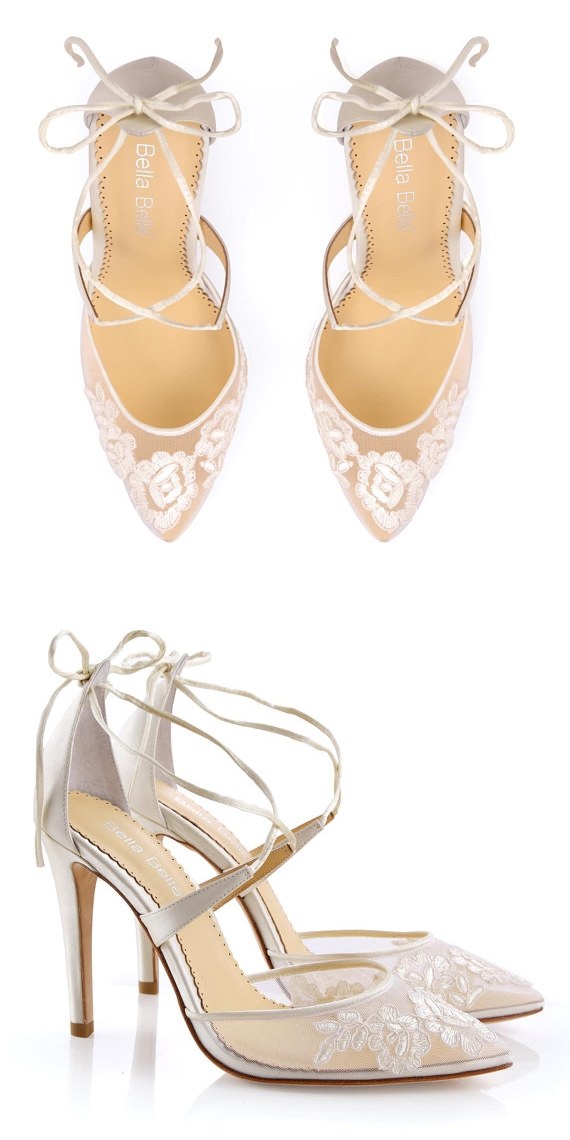 Alencon lace ivory wedding shoes heels with ankle straps