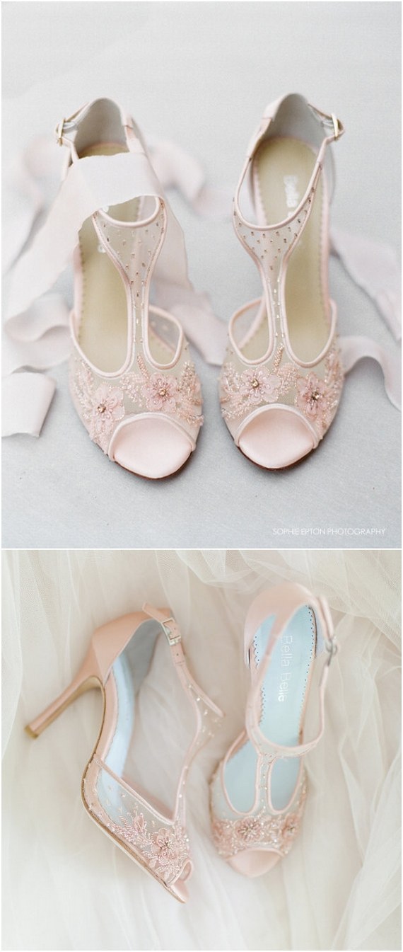 Blush Nude Pink Illusion T Strap Beaded and Flower Embellished Wedding Shoes Bridal Heels