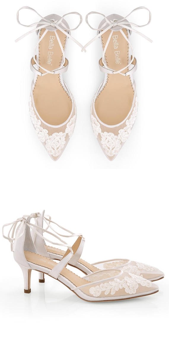 Classic Alencon lace comfortable low heels wedding shoes